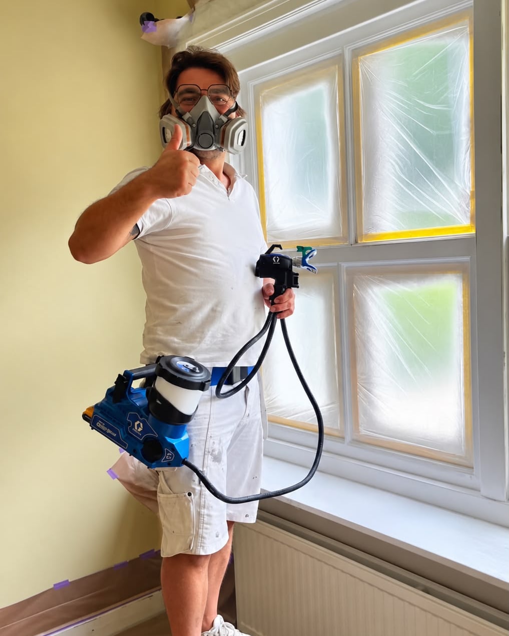 Gökhan Kürşad Çevik aan het werk met verfspuit en stofmasker