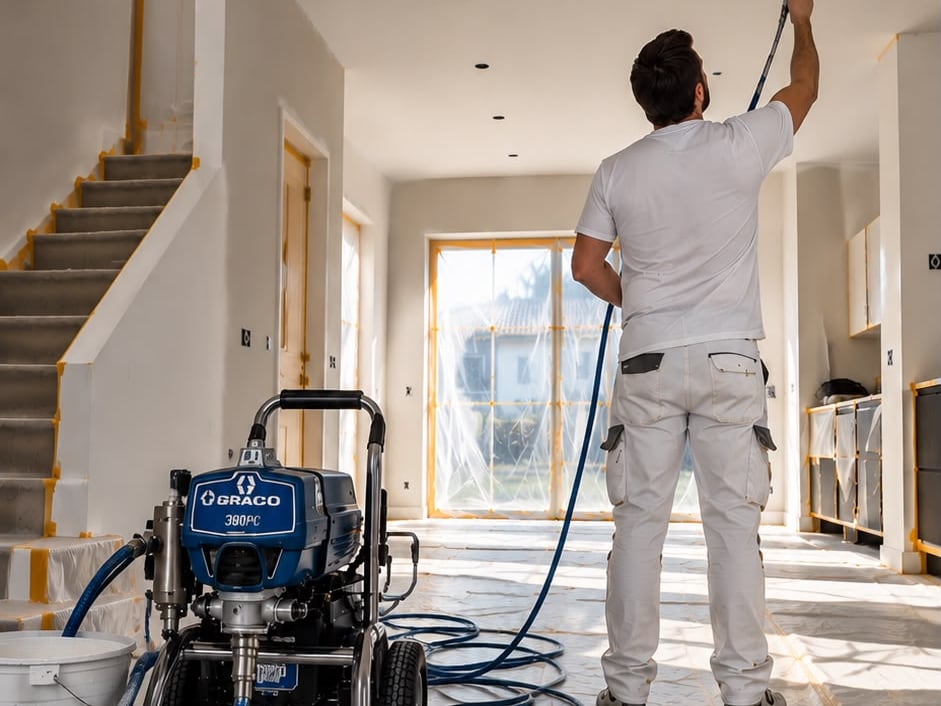 Plafond spuiten met een airless verfspuit in een afgeplakte woning